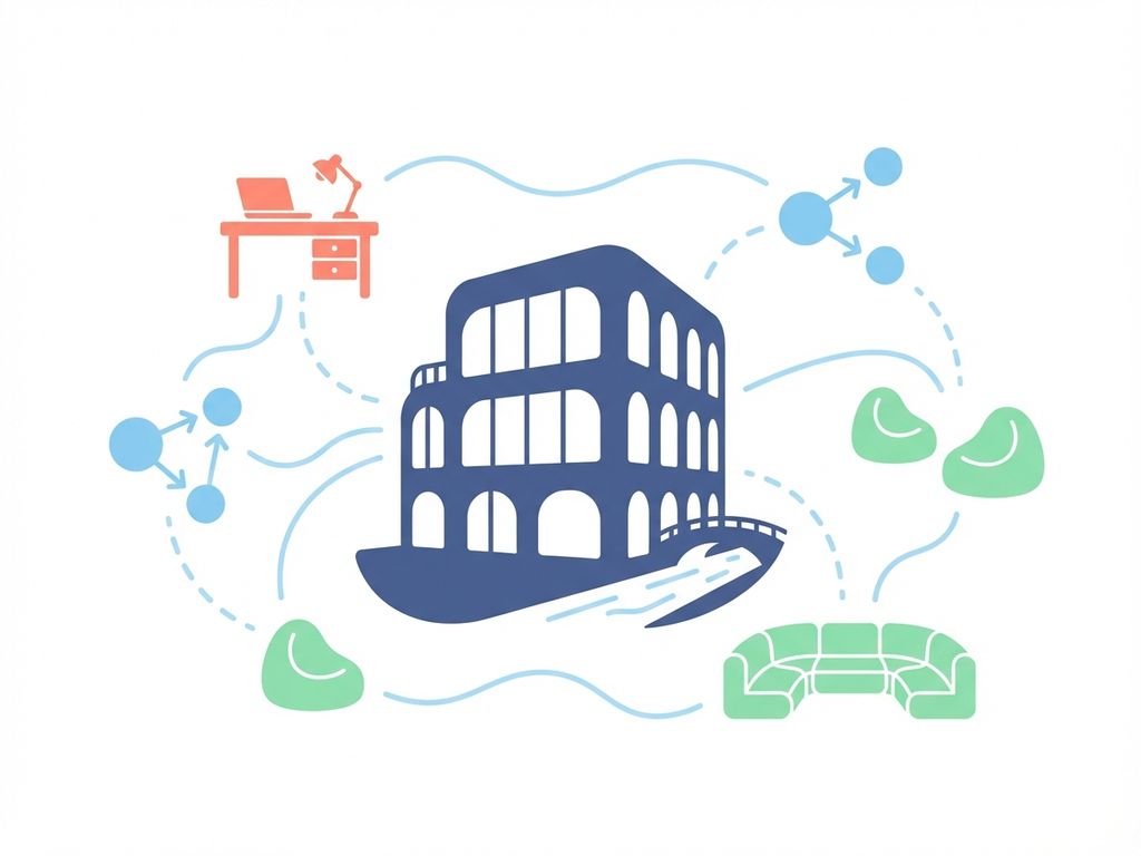 Modern kantoorgebouw in Amsterdam omringd door zwevende werkplek iconen in marineblauw en koraalrood