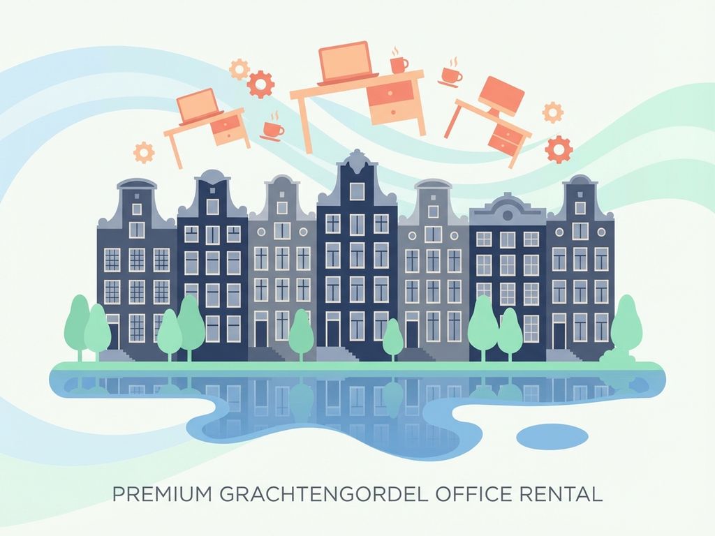 Amsterdam grachtenpanden met traditionele gevels langs kanaal, kantoorgebouwen en werkruimte-iconen, moderne illustratie