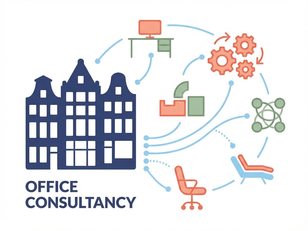 Moderne Amsterdam kantoorgebouw silhouet met zwevende werkplek iconen in navy, koraal en sage kleuren