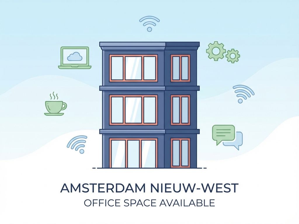 Modern Amsterdam kantoorgebouw met geometrische lijnen, omgeven door werkplek iconen in zachte marineblauw en koraal tinten