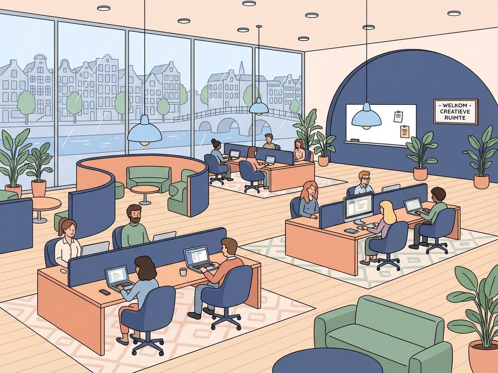 Moderne kantoorruimte in Amsterdam met 10 werkplekken, navy blauwe muren, perzik bureaus en groene planten bij ramen