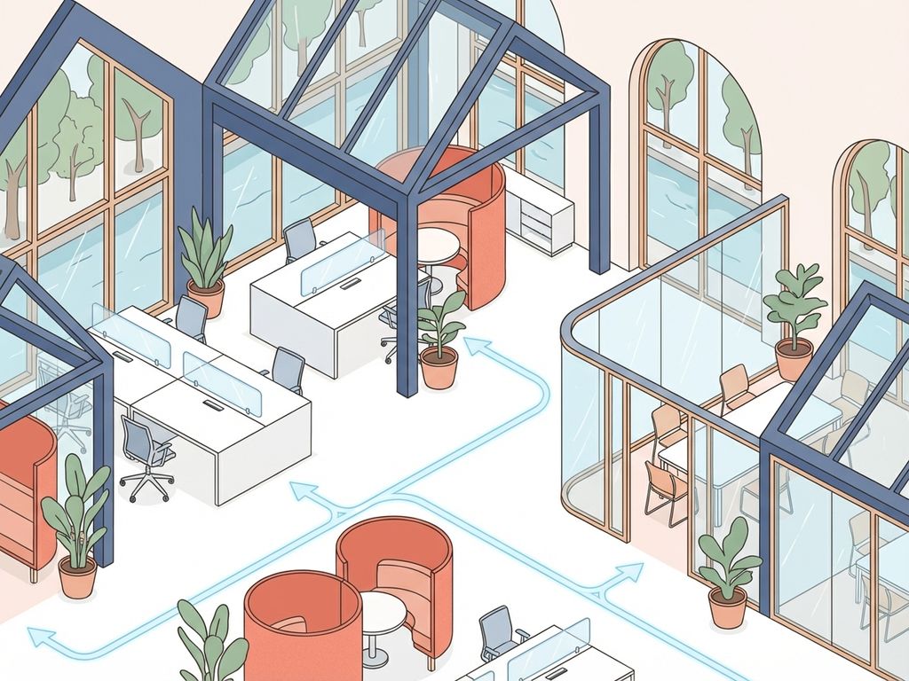 Moderne startup kantoorruimte met Amsterdam-geïnspireerde architectuur, laptops, werkplekken en planten in blauw-koraal design