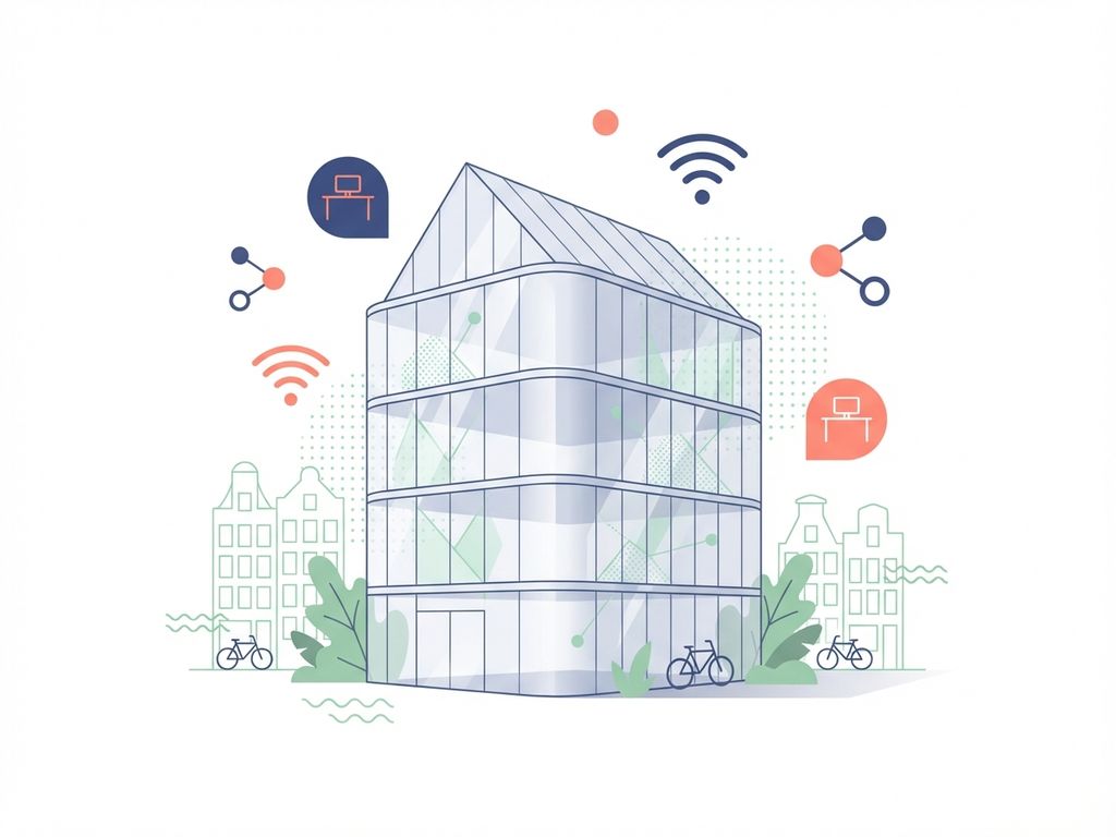 Glazen kantoorgebouw Amsterdam met zwevende werkplek iconen, wifi symbolen in marineblauw en koraal op witte achtergrond