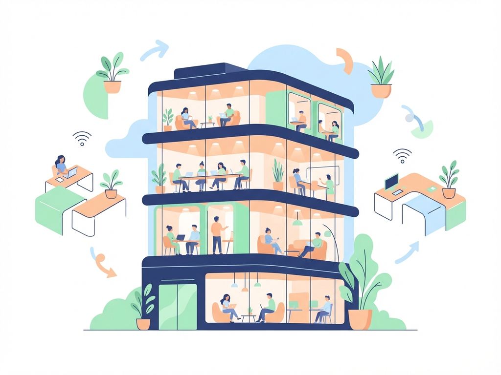 Modern kantoorgebouw in Amsterdam met coworking ruimtes, werkplekken en planten in navy, peach en mint kleuren