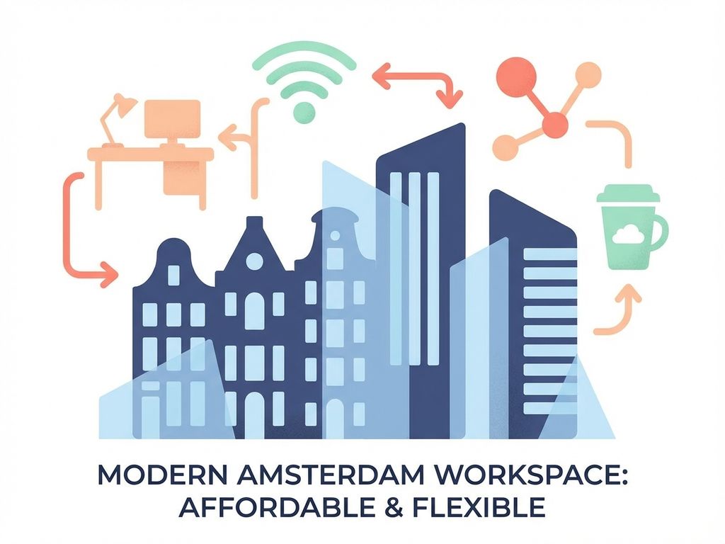 Moderne illustratie van Amsterdam kantoorgebouwen met flexibele werkruimte-iconen in navy, peach en mint kleuren