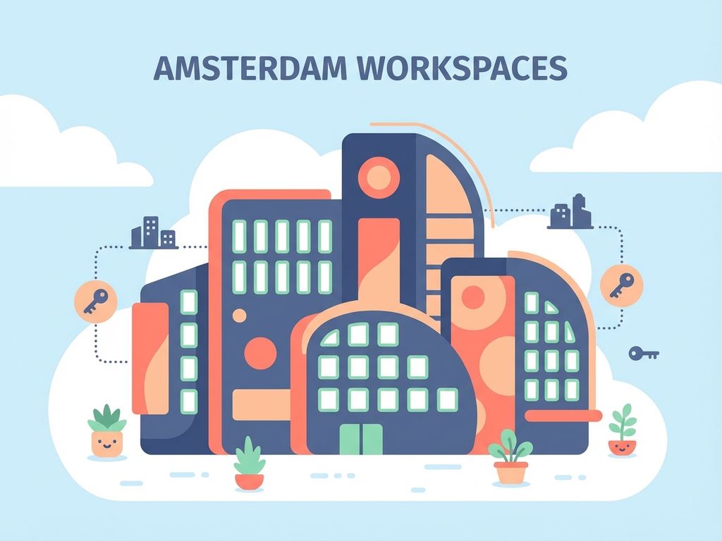 Moderne Amsterdam kantoorgebouwen in marineblauw met perzik accenten en mint groene ramen tegen lichtblauwe lucht