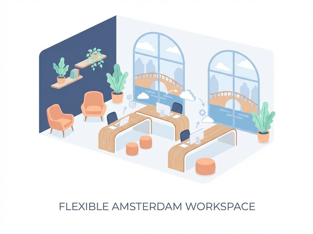 Modern kantoorruimte voor 6 personen in Amsterdam met kanaalzicht, navy blauwe muren en mintgroene planten