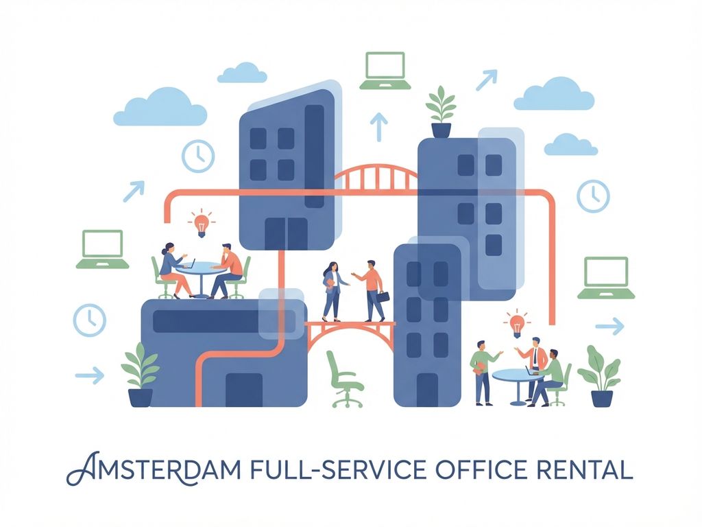 Moderne illustratie van Amsterdam kantoorverhuur met geometrische gebouwen in marineblauw, koraal en salie accenten