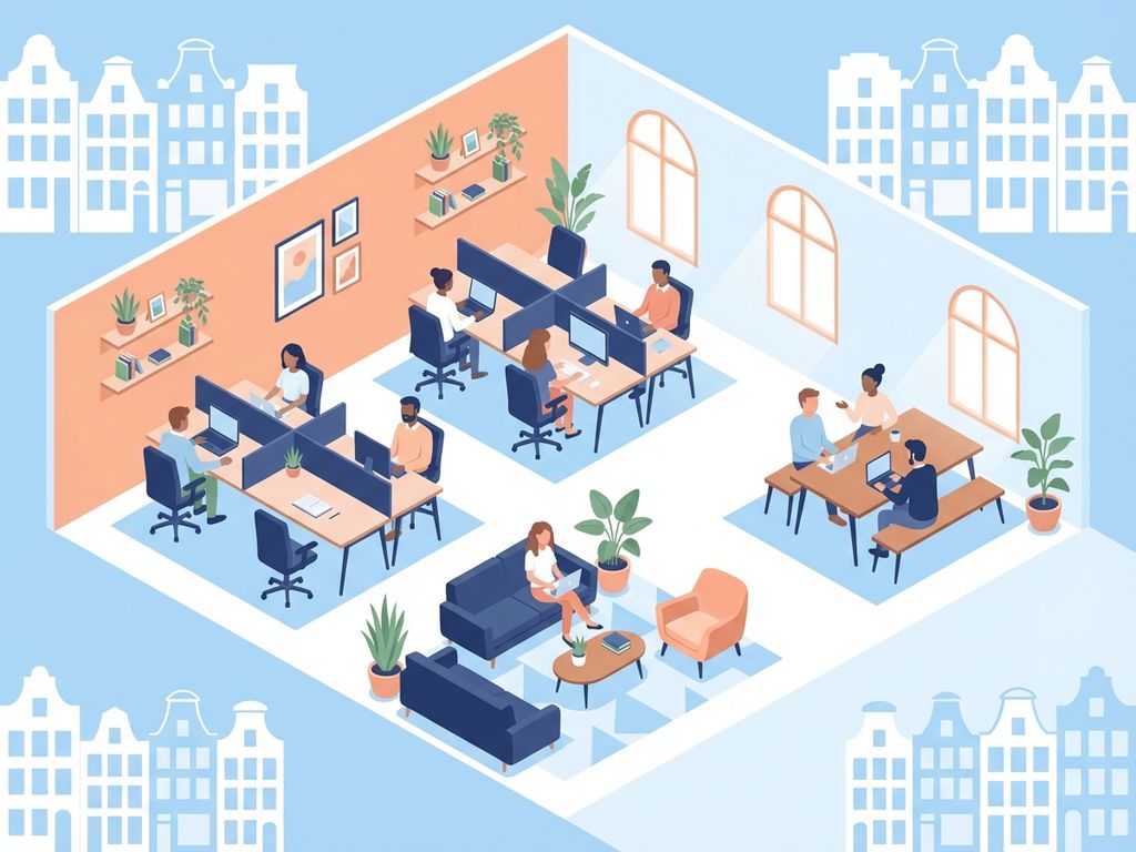 Modern kantoor in Amsterdam met 8 werkplekken, geometrische bureaus, navy en perzik kleuren, groene planten