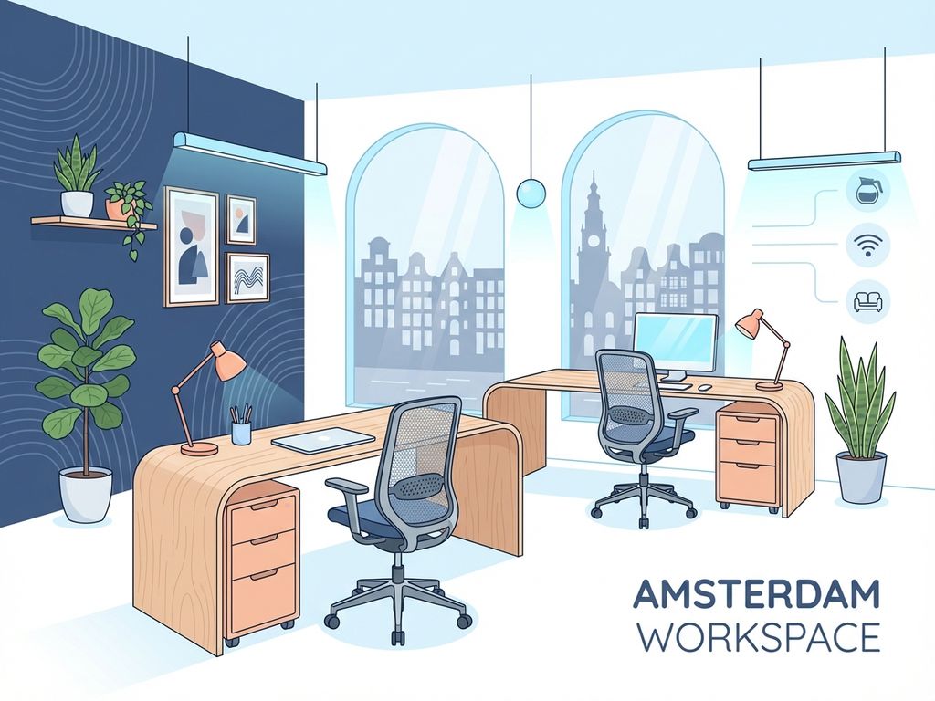 Moderne kantoorruimte Amsterdam met twee bureaus, ergonomische stoelen, grote ramen en stadssilhouet, navy en perzik kleuren