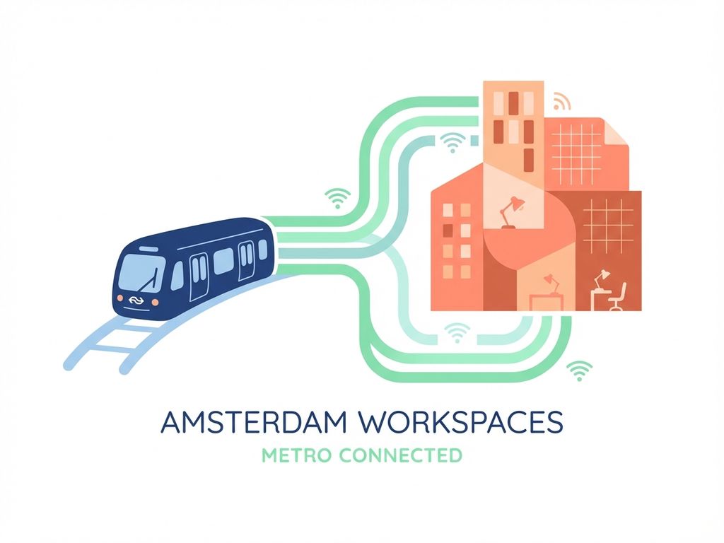 Metro trein verbonden met kantoorgebouwen via vloeiende lijnen, Amsterdam openbaar vervoer naar flexibele werkruimtes