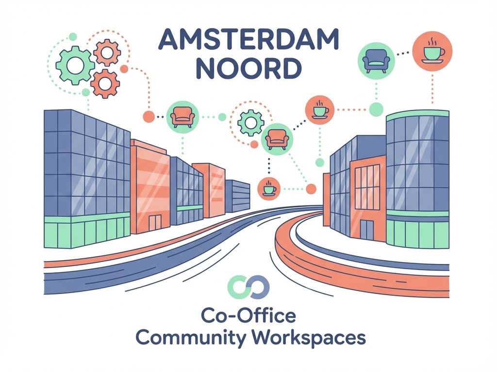 Moderne kantoorgebouwen Amsterdam Noord met glasarchitectuur en coworking ruimtes in navy blauw en koraal tinten