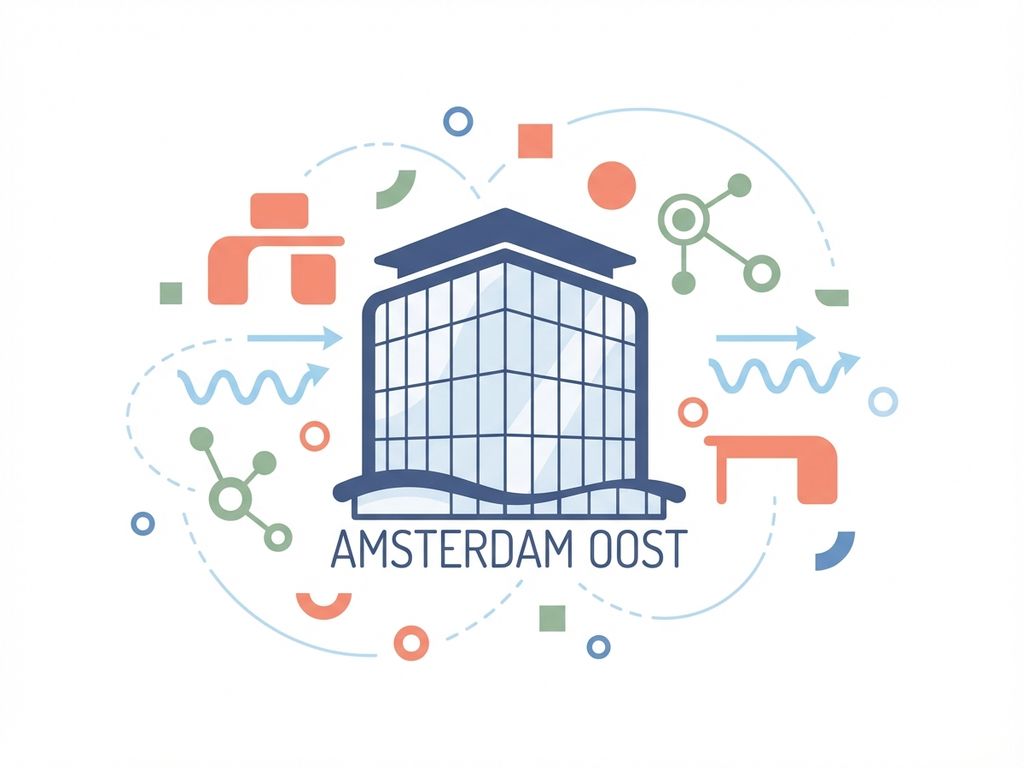 Modern kantoorgebouw silhouet Amsterdam Oost met zwevende werkplek iconen in marineblauw, koraal en saliegroen