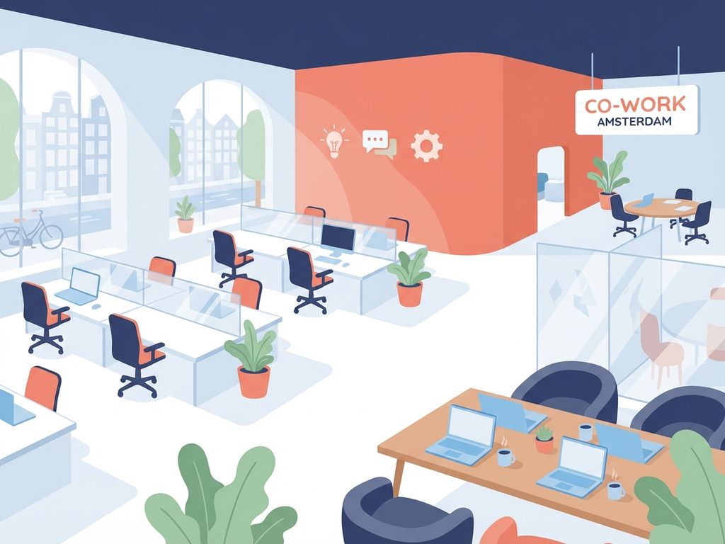 Modern Amsterdam startup kantoor met minimalistische werkplekken, geometrische meubels en kleuraccenten in navy, koraal en groen