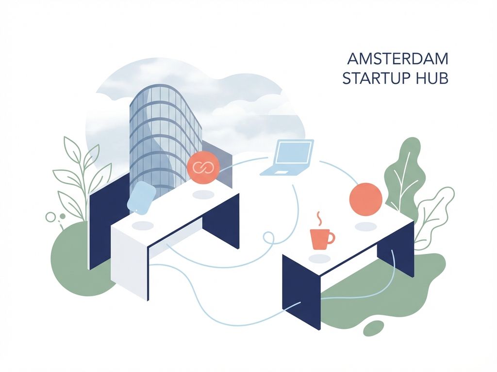 Moderne minimalistische Amsterdam startup werkruimte met geometrische bureaus, laptops en koffiepictogrammen in navy blauw