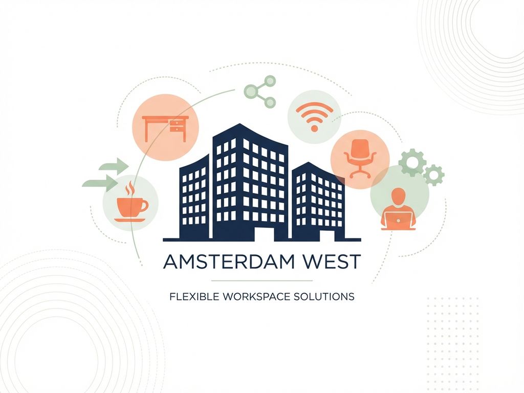 Moderne illustratie van kantoorverhuur in Amsterdam West met geometrische gebouwen en flexibele werkruimte iconen