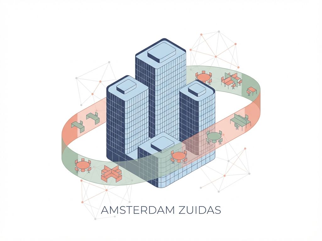 Moderne glazen kantoorgebouwen in Amsterdam Zuidas met minimalistische werkruimtes in navy, koraal en sage tinten