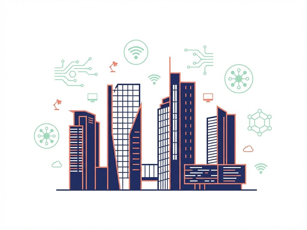 Moderne glazen kantoorgebouwen in Amsterdam Zuidas met zwevende IT-symbolen en tech-dynamicen in minimalistische stijl