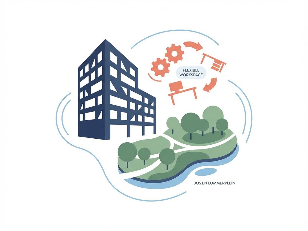 Modern kantoorgebouw met geometrische ramen naast groen park in Amsterdam, minimalistische illustratie in navy en groen