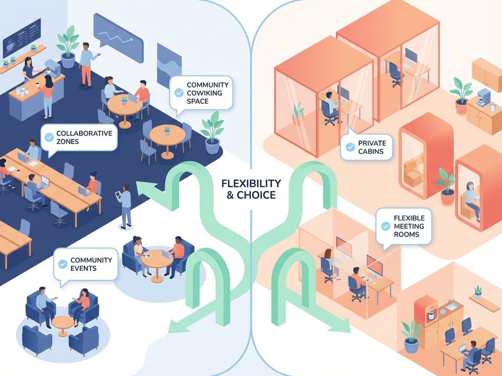 Vergelijking van open coworking ruimte met gedeelde bureaus en privé flexibel kantoor met individuele werkplekken