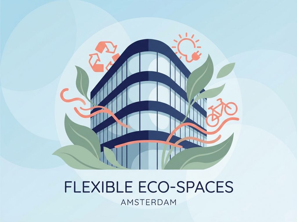 Modern kantoorgebouw met groene bladeren en duurzaamheidssymbolen, flexibele werkruimte concept in eco-vriendelijk design