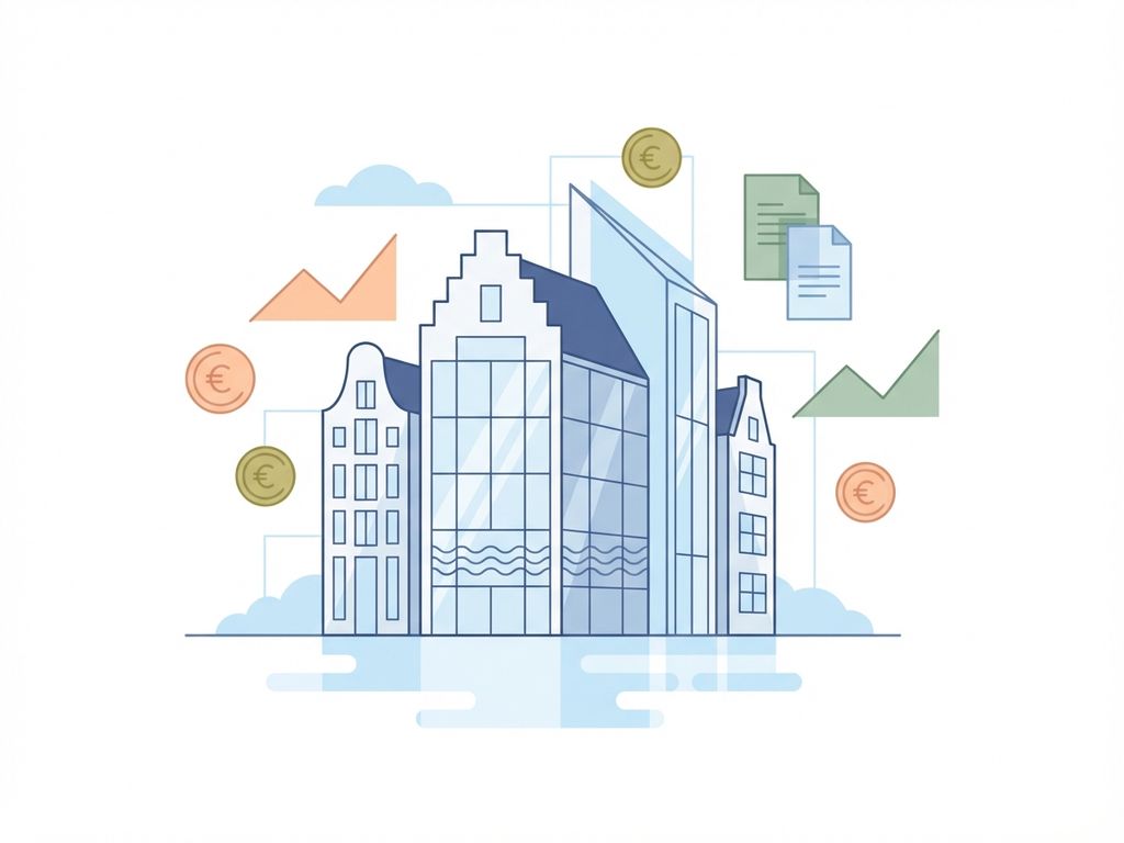Moderne glazen kantoorgebouw met financiële symbolen en geometrische vormen in Amsterdam architectuurstijl