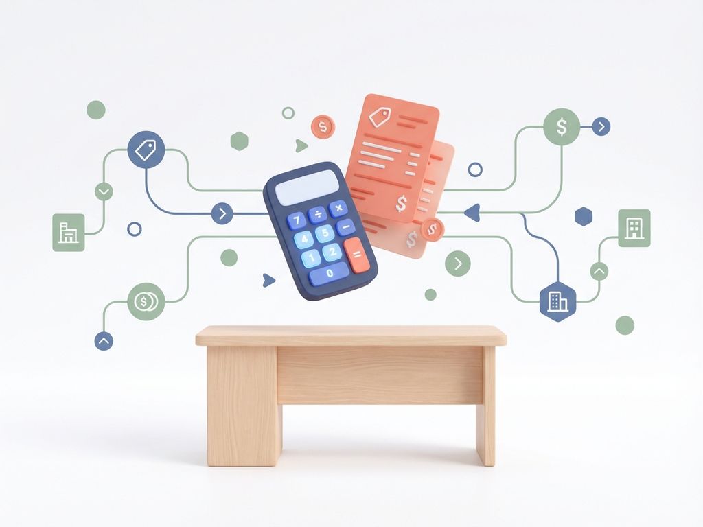 Moderne rekenmachine en factuurdocumenten zweven boven bureau met geometrische vormen en betalingspictogrammen in zachte kleuren