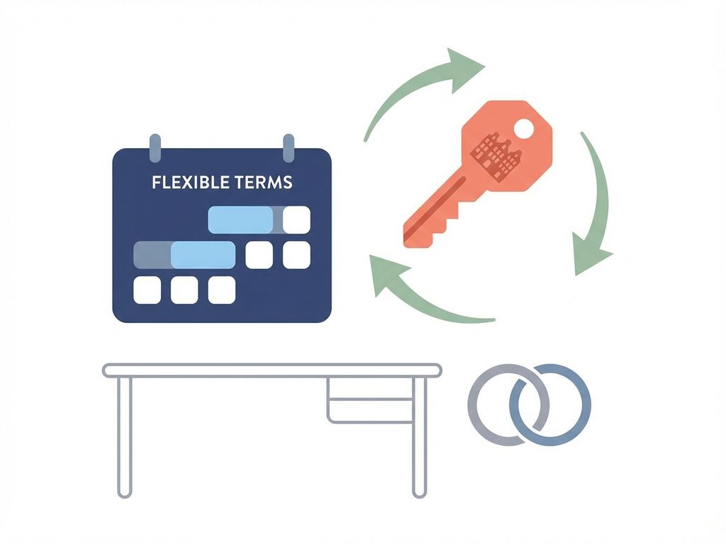 Moderne kalender met flexibele contractvoorwaarden en zwevende kantoorsleutel, omringd door pijlen op witte achtergrond