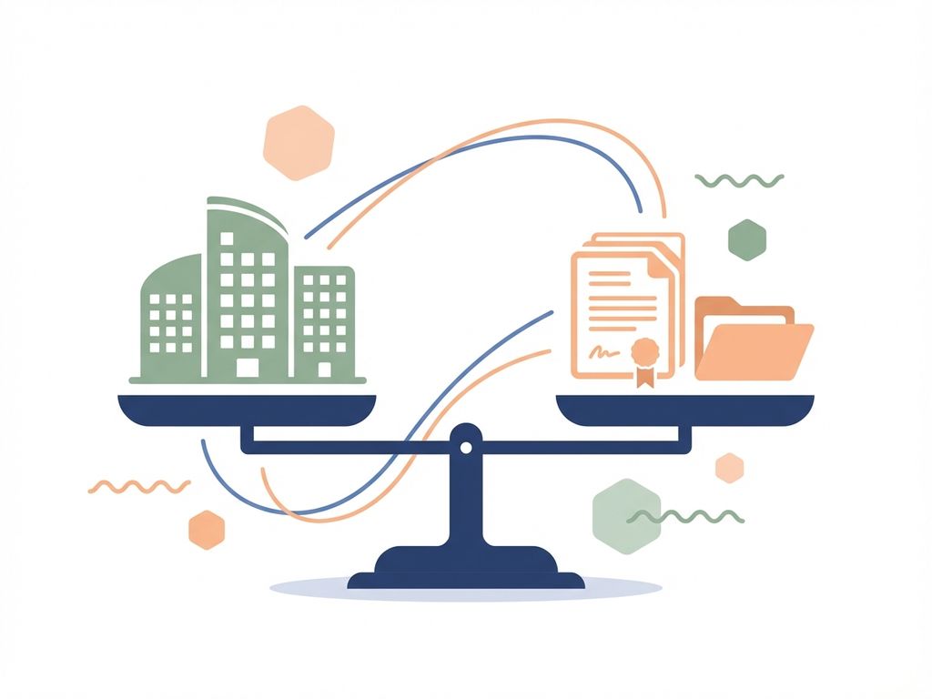 Balansschaal met kantoorgebouwen en juridische documenten, verbonden door vloeiende lijnen in navy, perzik en groen