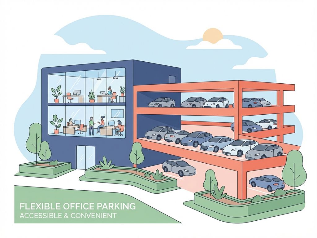 Modern kantoorgebouw met georganiseerde parkeergarage en flexibele werkruimtes in Amsterdam stijl