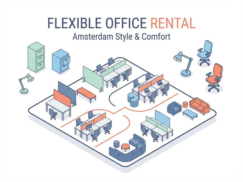 Moderne kantoorplattegrond met flexibele meubilair in navy, koraal en mint tinten op witte achtergrond