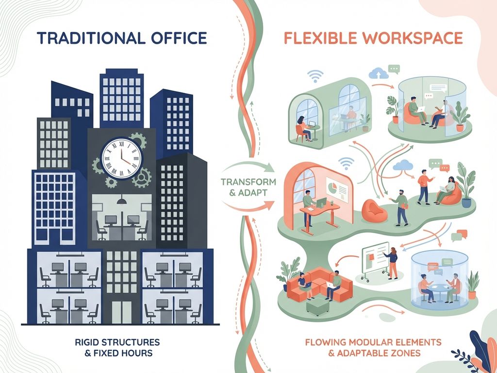 Split-screen vergelijking van traditionele kantoorgebouwen versus flexibele modulaire werkruimtes in moderne illustratiestijl