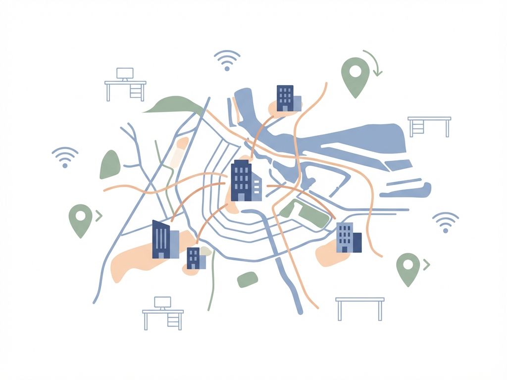 Minimalistische kaart met kantoorgebouwen verbonden door lijnen, werkpleksymbolen en locatiemarkers in navy, perzik en groen