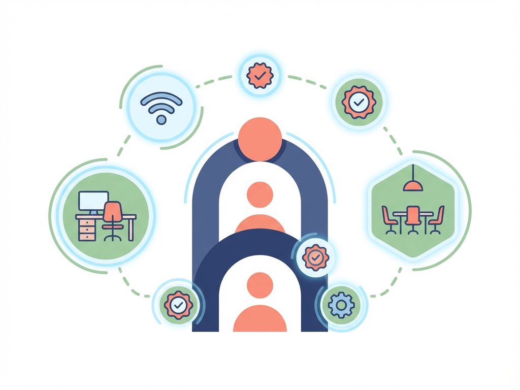 Moderne illustratie van een centrale supportstructuur omringd door zwevende kantooriconen in zachte kleuren