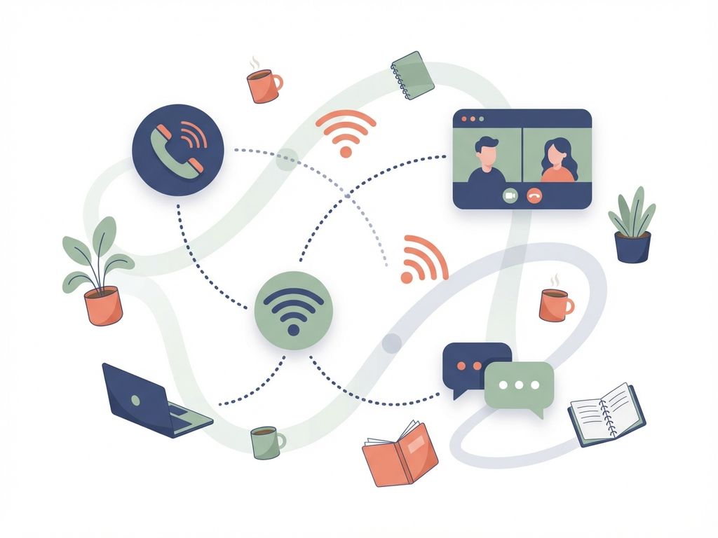 Moderne illustratie van communicatiefaciliteiten in flexibele kantoorruimtes met geometrische vormen en netwerklijnen