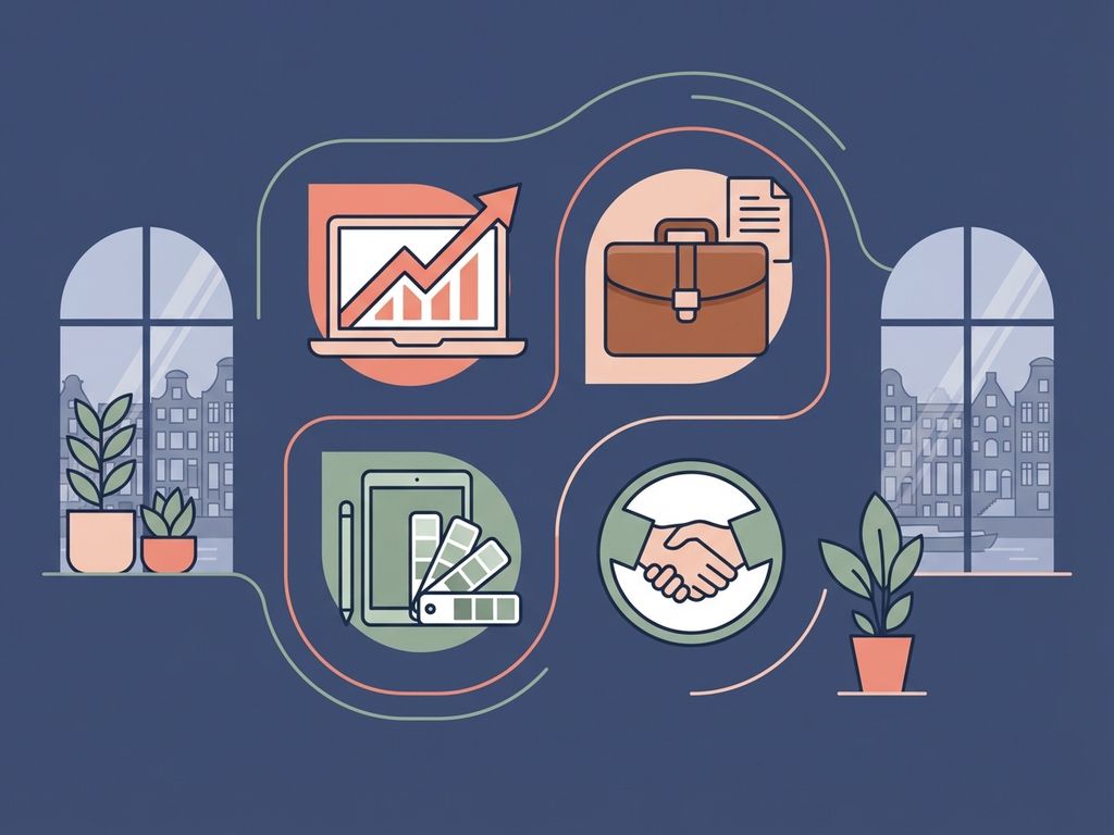 Moderne illustratie van diverse bedrijfstypes die profiteren van flexibele kantoorruimte met laptop, aktetas en designtools