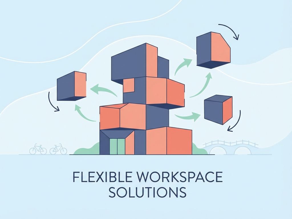 Modulair kantoorgebouw met flexibele werkruimtes in navy blauw en koraal, met groene pijlen die aanpasbaarheid tonen
