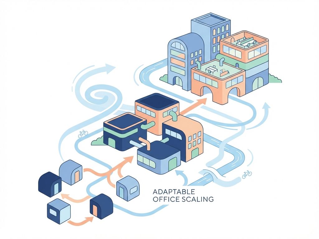 Modulaire kantoorblokken in oplopende grootte verbonden door lijnen, illustreren flexibele werkruimte-uitbreiding en bedrijfsgroei