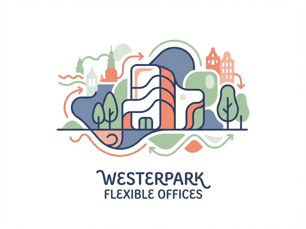 Modern kantoorgebouw icoon omringd door geometrische vormen in marineblauw, koraal en groen op witte achtergrond