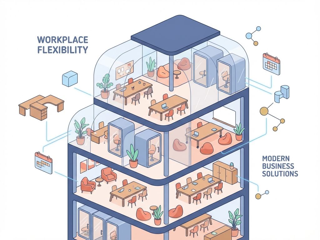Modern kantoorgebouw met flexibele werkruimtes, hot desking zones en verplaatsbaar meubilair in navy blauw en koraal tinten