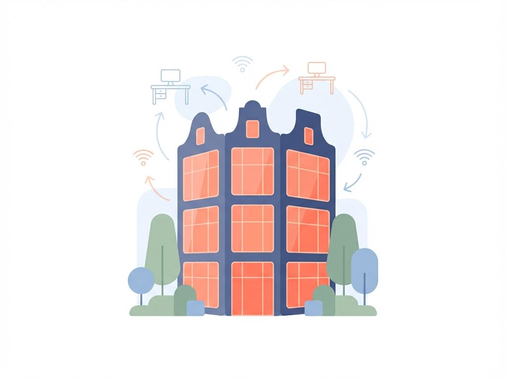 Modern glazen kantoorgebouw in Amsterdam met warme verlichting, omgeven door abstracte vormen en connectiviteitsiconen