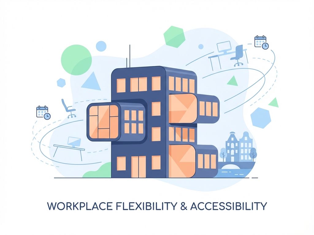 Modulair kantoorgebouw met flexibele secties, omringd door geometrische vormen in navy, perzik en mint kleuren