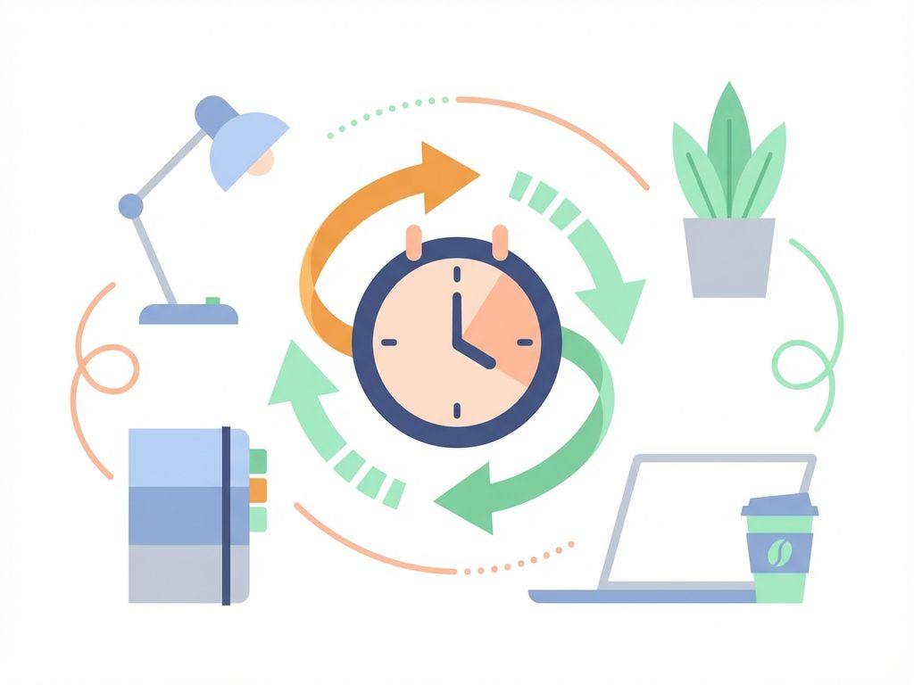 Moderne kalender met flexibele pijlen en minimale kantooriconen in marineblauw, perzik en mint op witte achtergrond