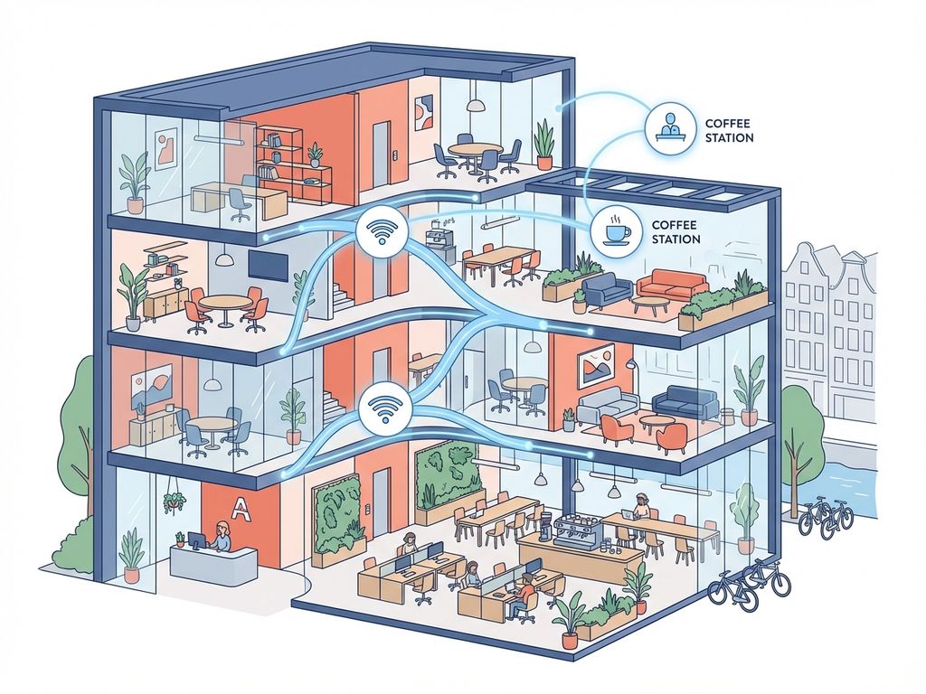 Moderne kantoorgebouw doorsnede met flexibele werkruimtes, co-working zones en vergaderruimtes in navy, koraal en groen