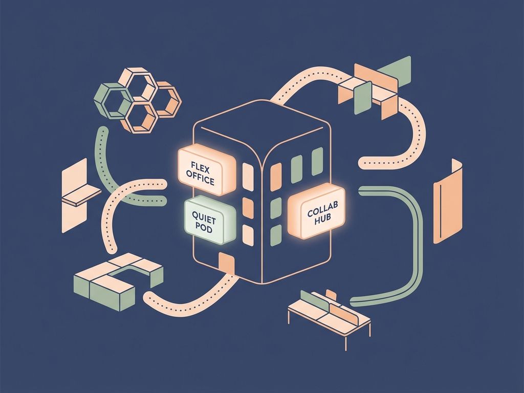Moderne werkruimte illustratie met modulaire kantoorcomponenten en flexibele hexagonale vormen in navy, perzik en groen
