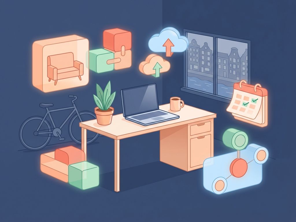 Moderne startup werkruimte met laptop op bureau, omringd door zwevende iconen voor flexibele kantooroplossingen