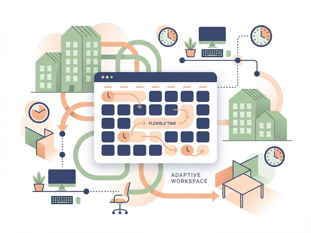 Moderne kalender met flexibele tijdblokken en kantoorgebouwen, verbonden door vloeiende lijnen in navy, perzik en groen