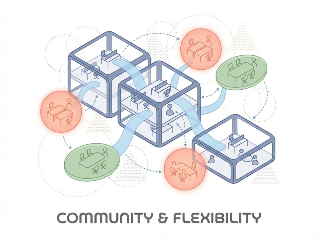 Moderne illustratie van verbonden kantoorruimtes met geometrische vormen in navy, koraal en groen op witte achtergrond