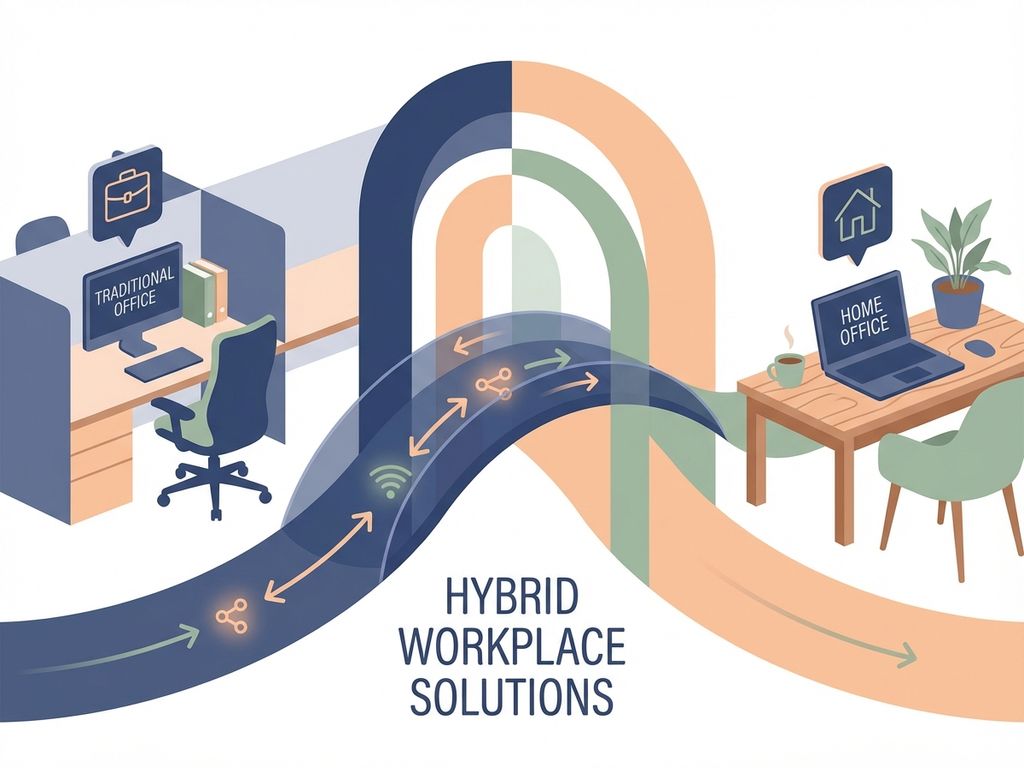 Split-screen werkplek illustratie met traditioneel kantoor en thuiskantoor verbonden door geometrische bruggen