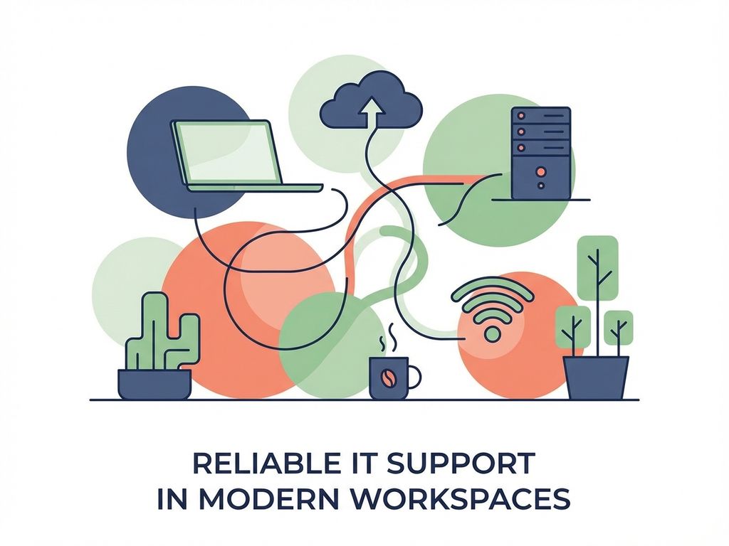 Moderne IT-illustratie met laptops, cloud-iconen en servers in navy blauw en koraal op witte achtergrond